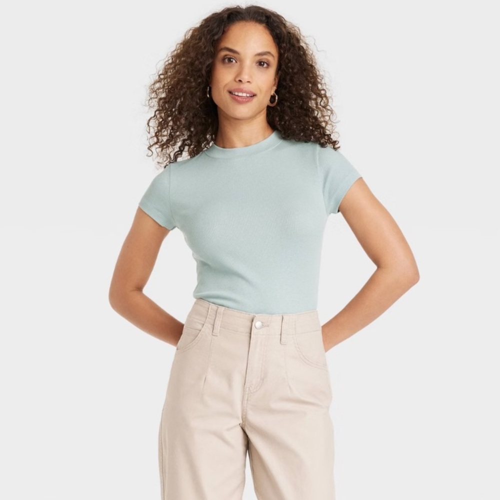 New! Women's Slim Fit Short Sleeve Ribbed T-Shirt, Light Blue Size Large